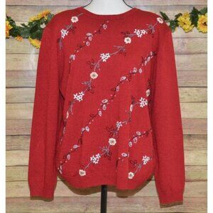 Alfred Dunner Ladies XL Red Beaded Embroidered Floral Long Sleeve Sweater